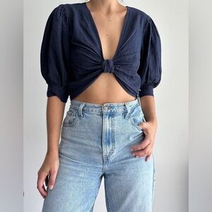 NWT Young Fabulous & Broke Linen Top Women’s Small Blue Crop Top Knot Front YFB